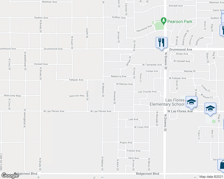 map of restaurants, bars, coffee shops, grocery stores, and more near 1204 Flora Way in Ridgecrest