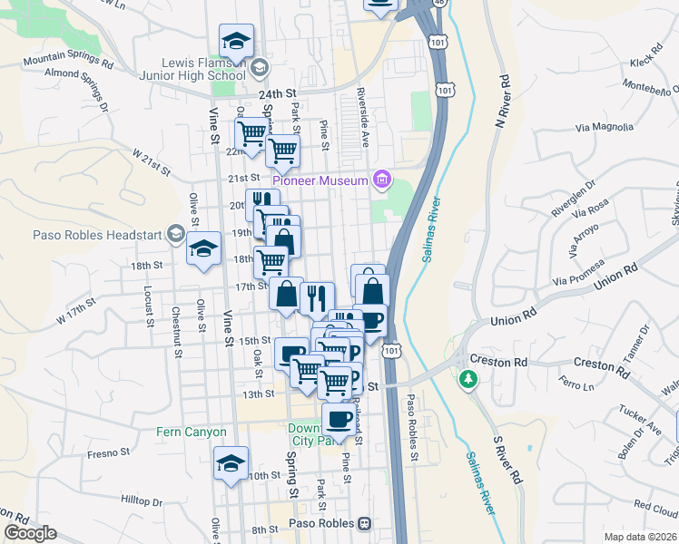 map of restaurants, bars, coffee shops, grocery stores, and more near 1008 18th Street in Paso Robles