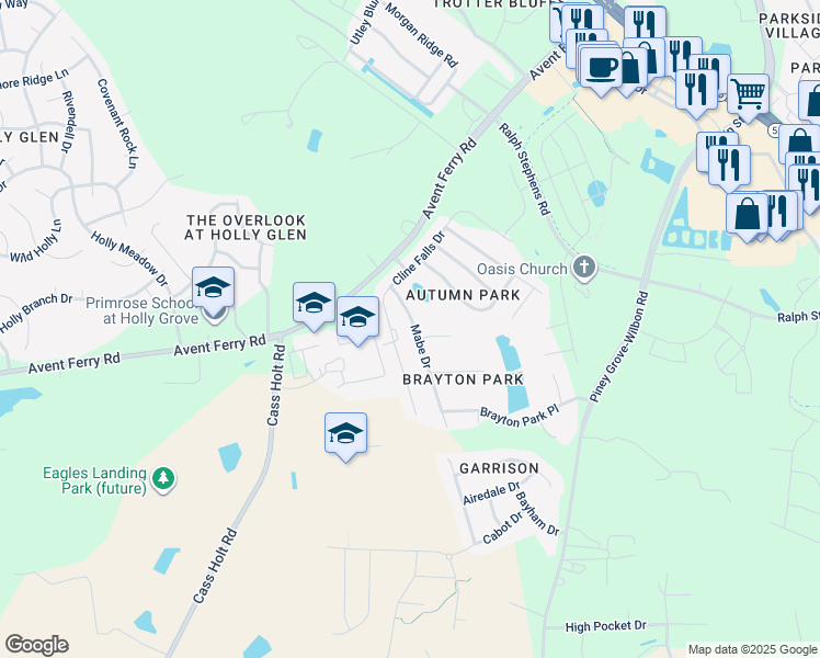 map of restaurants, bars, coffee shops, grocery stores, and more near 5140 Mabe Drive in Holly Springs