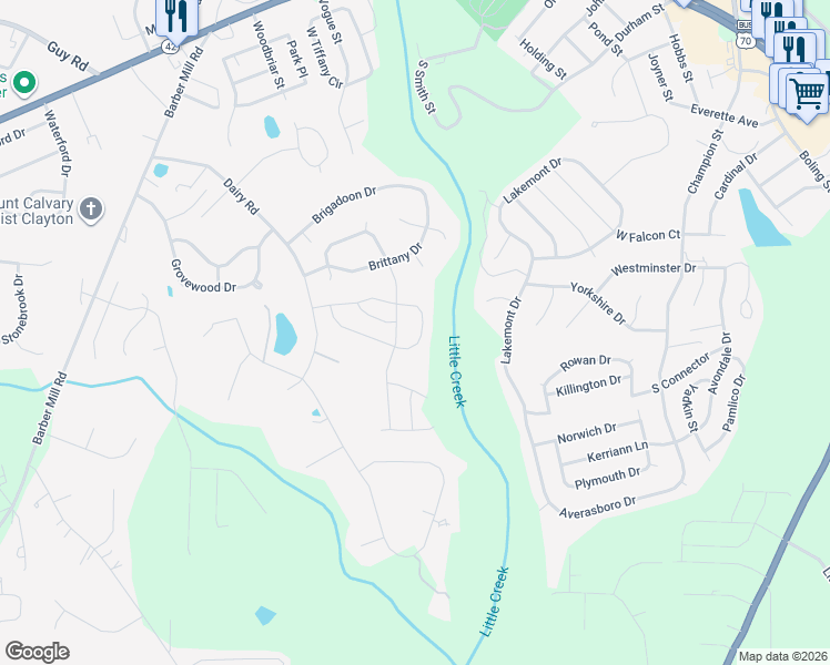 map of restaurants, bars, coffee shops, grocery stores, and more near 664 Rolling Creek Circle in Clayton