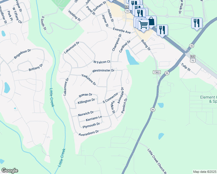 map of restaurants, bars, coffee shops, grocery stores, and more near 713 Champion Street in Clayton