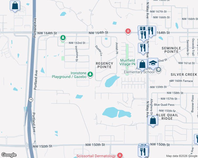 map of restaurants, bars, coffee shops, grocery stores, and more near 15904 James Thomas Court in Edmond