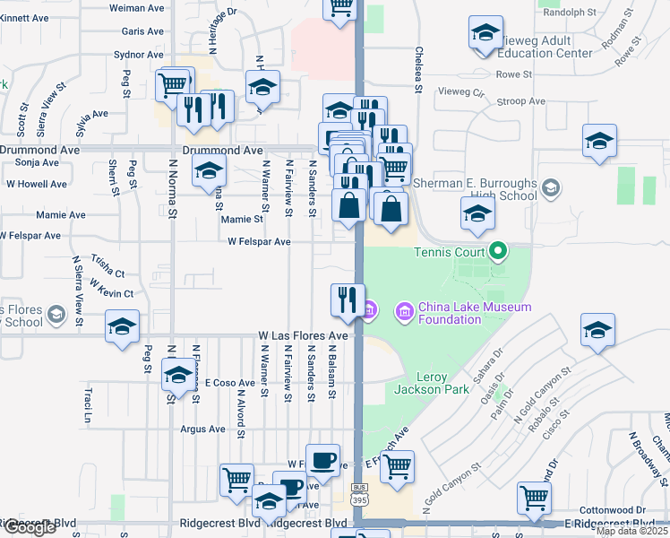 map of restaurants, bars, coffee shops, grocery stores, and more near 575-643 N China Lake Blvd in Ridgecrest
