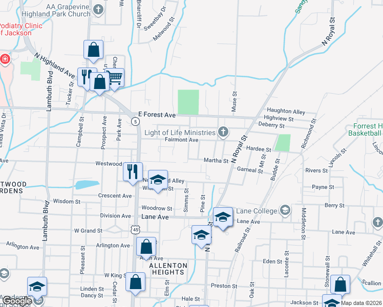 map of restaurants, bars, coffee shops, grocery stores, and more near 106 North Street in Jackson