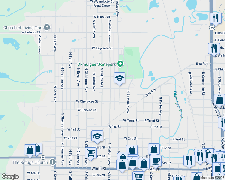 map of restaurants, bars, coffee shops, grocery stores, and more near 935 North Alabama Avenue in Okmulgee