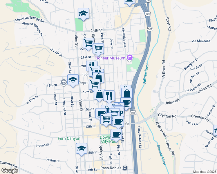 map of restaurants, bars, coffee shops, grocery stores, and more near 1722 Park Street in Paso Robles