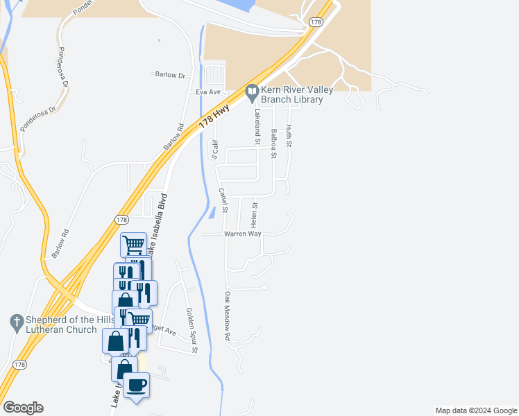 map of restaurants, bars, coffee shops, grocery stores, and more near 4028 Helen Street in Lake Isabella