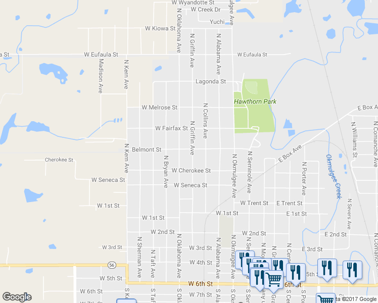 map of restaurants, bars, coffee shops, grocery stores, and more near 928 North Griffin Avenue in Okmulgee