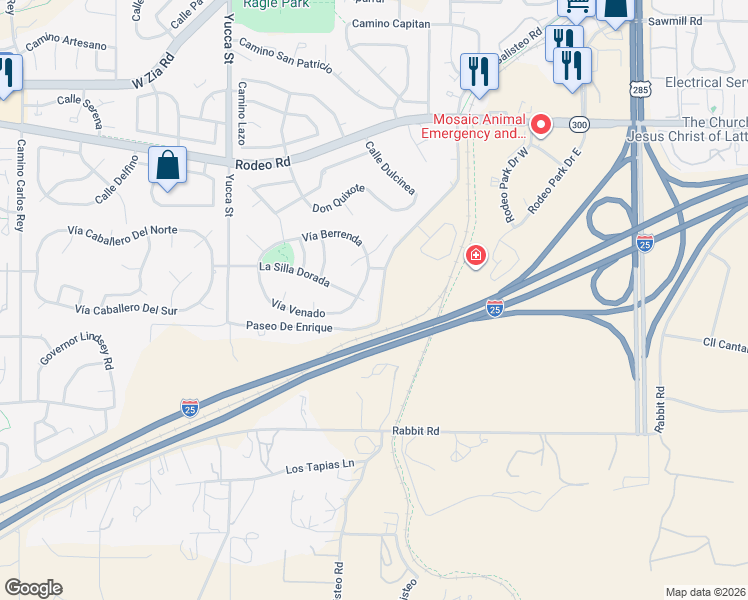 map of restaurants, bars, coffee shops, grocery stores, and more near 2701 La Silla Dorada in Santa Fe
