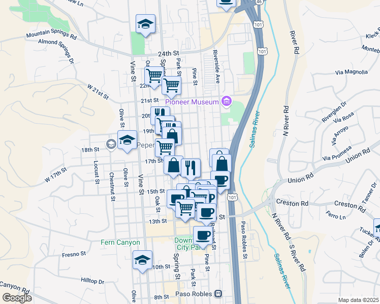 map of restaurants, bars, coffee shops, grocery stores, and more near 1722 Park Street in Paso Robles