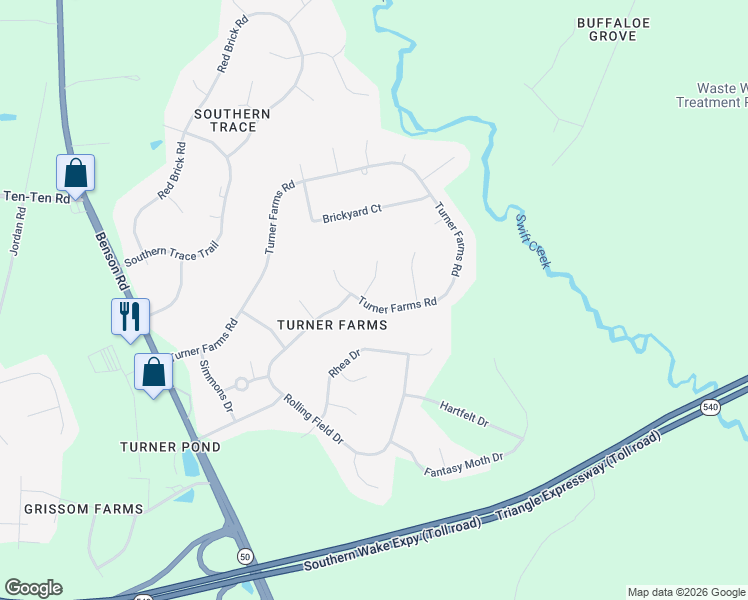 map of restaurants, bars, coffee shops, grocery stores, and more near 1416 Turner Farms Road in Garner