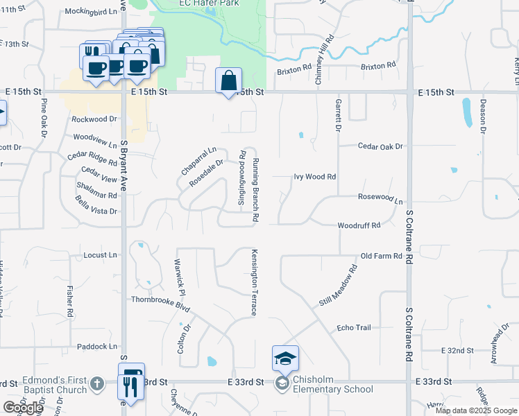 map of restaurants, bars, coffee shops, grocery stores, and more near 2004 Running Branch Road in Edmond