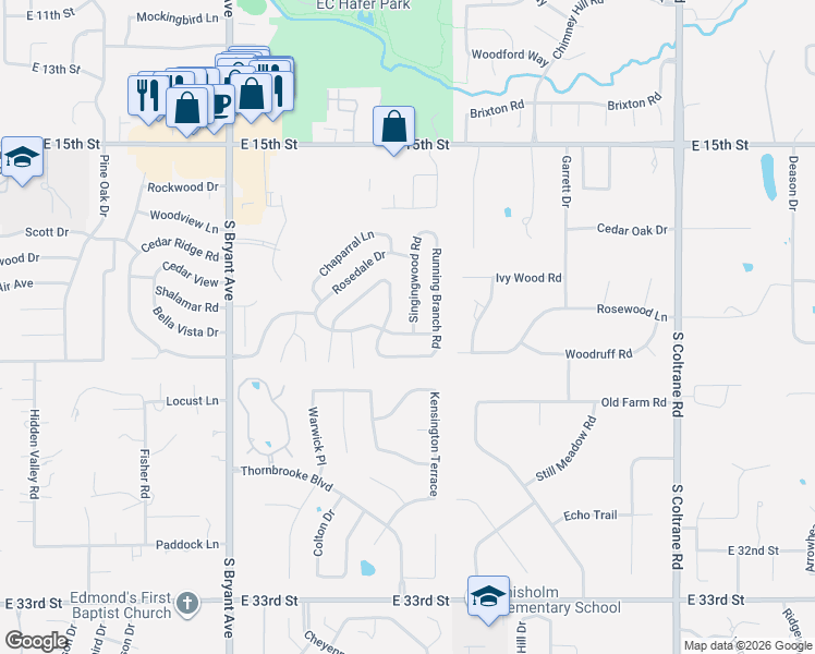 map of restaurants, bars, coffee shops, grocery stores, and more near 2009 Ridgecrest Rd in Edmond