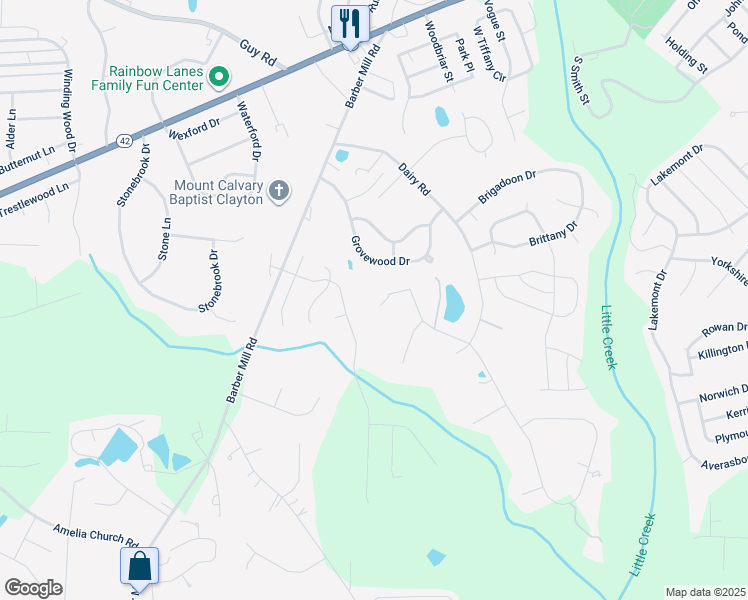 map of restaurants, bars, coffee shops, grocery stores, and more near 12 Rocky Branch Drive in Clayton