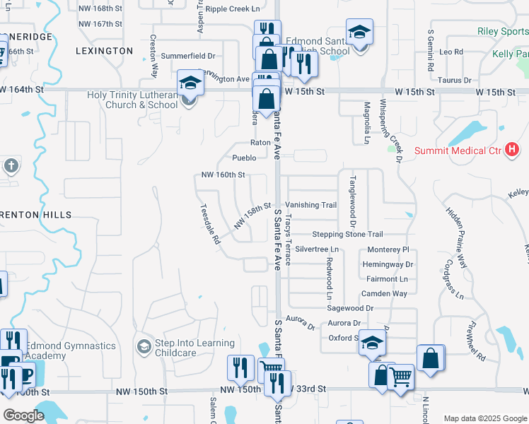 map of restaurants, bars, coffee shops, grocery stores, and more near 15824 Darlington Court in Edmond
