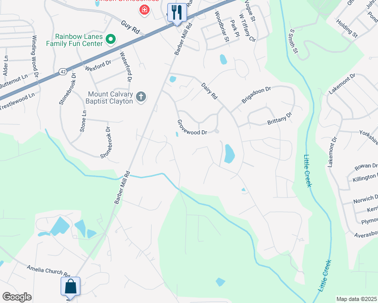 map of restaurants, bars, coffee shops, grocery stores, and more near 12 Rocky Branch Drive in Clayton