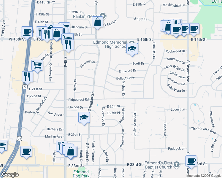 map of restaurants, bars, coffee shops, grocery stores, and more near 617 Reynolds Road in Edmond