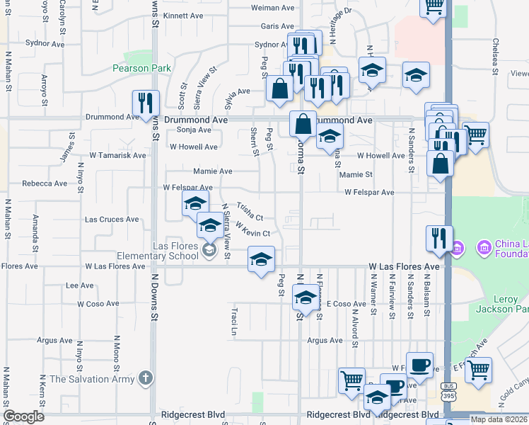 map of restaurants, bars, coffee shops, grocery stores, and more near 544 Trisha Court in Ridgecrest