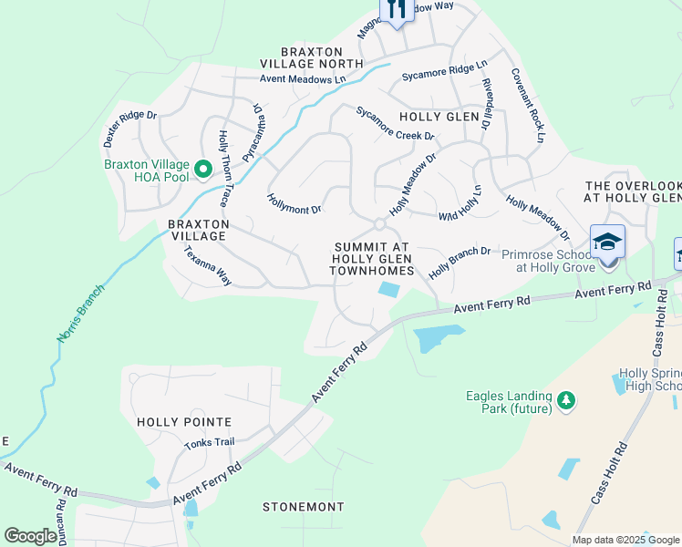 map of restaurants, bars, coffee shops, grocery stores, and more near 932 Holly Meadow Drive in Holly Springs