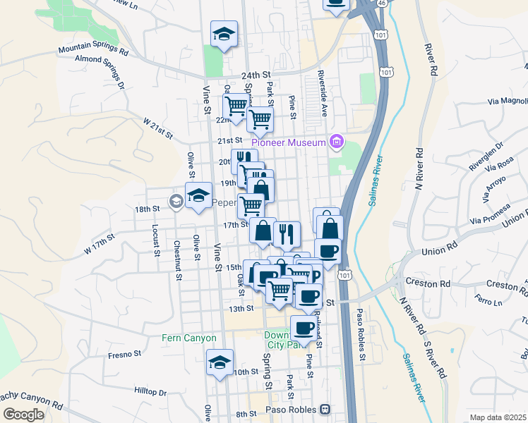 map of restaurants, bars, coffee shops, grocery stores, and more near 1732 Spring St in Paso Robles