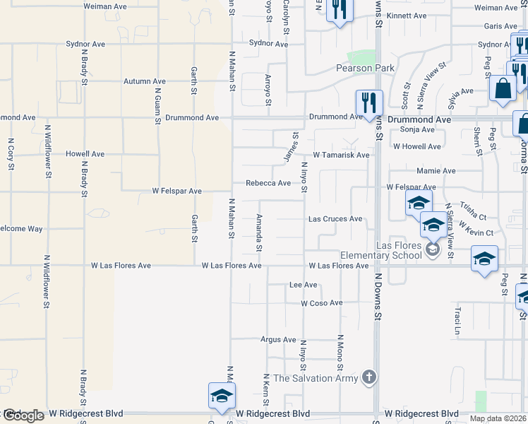 map of restaurants, bars, coffee shops, grocery stores, and more near 616 Amanda Street in Ridgecrest