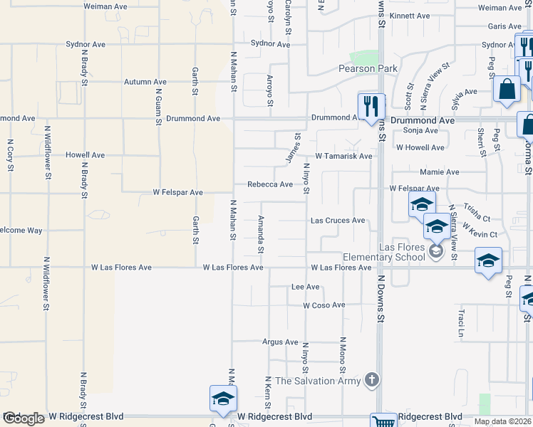 map of restaurants, bars, coffee shops, grocery stores, and more near 616 Amanda Street in Ridgecrest