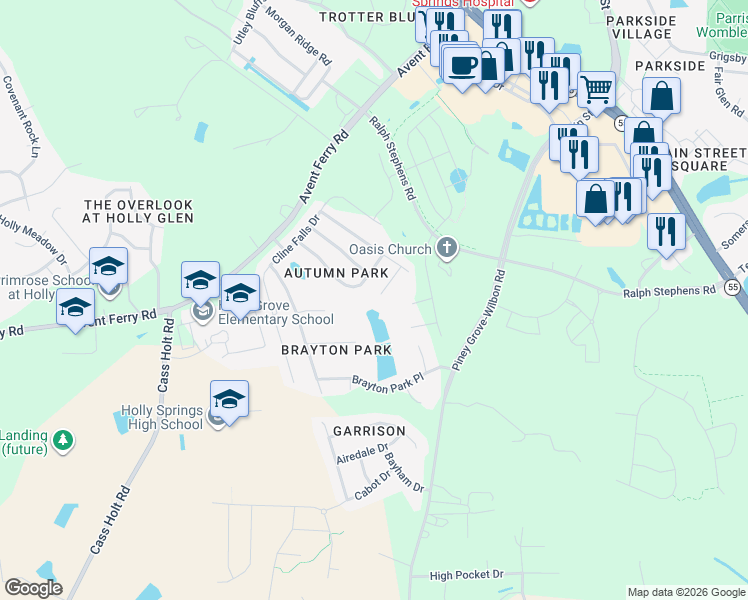 map of restaurants, bars, coffee shops, grocery stores, and more near 132 Touvelle Court in Holly Springs