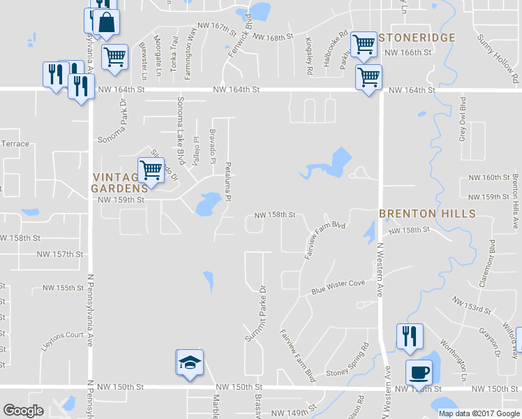 map of restaurants, bars, coffee shops, grocery stores, and more near 1409 Northwest 158th Street in Edmond