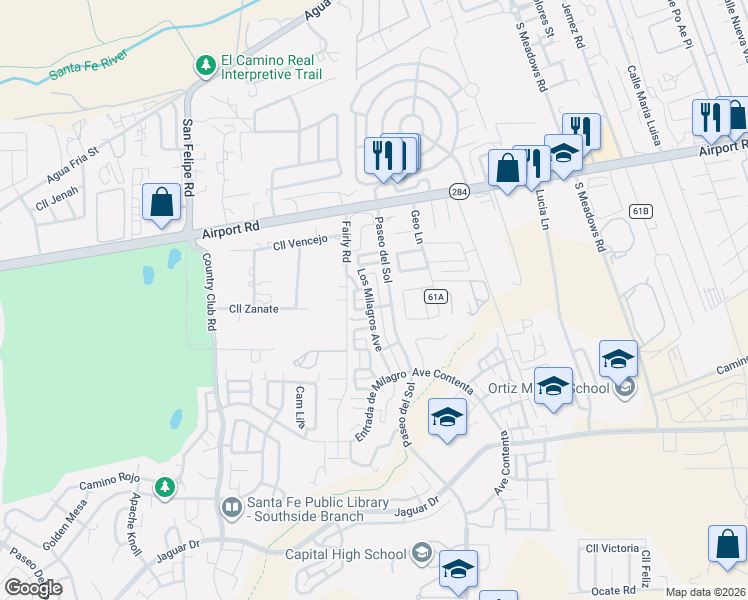 map of restaurants, bars, coffee shops, grocery stores, and more near 3981 Los Milagros in Santa Fe