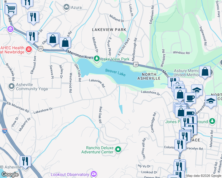 map of restaurants, bars, coffee shops, grocery stores, and more near 351 Lakeshore Drive in Asheville