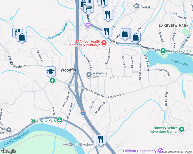 map of restaurants, bars, coffee shops, grocery stores, and more near 19 Brookdale Road in Woodfin
