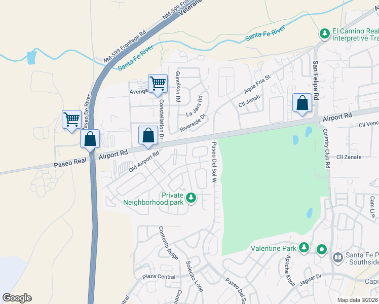 map of restaurants, bars, coffee shops, grocery stores, and more near 4042 Painted Pony Circle in Santa Fe