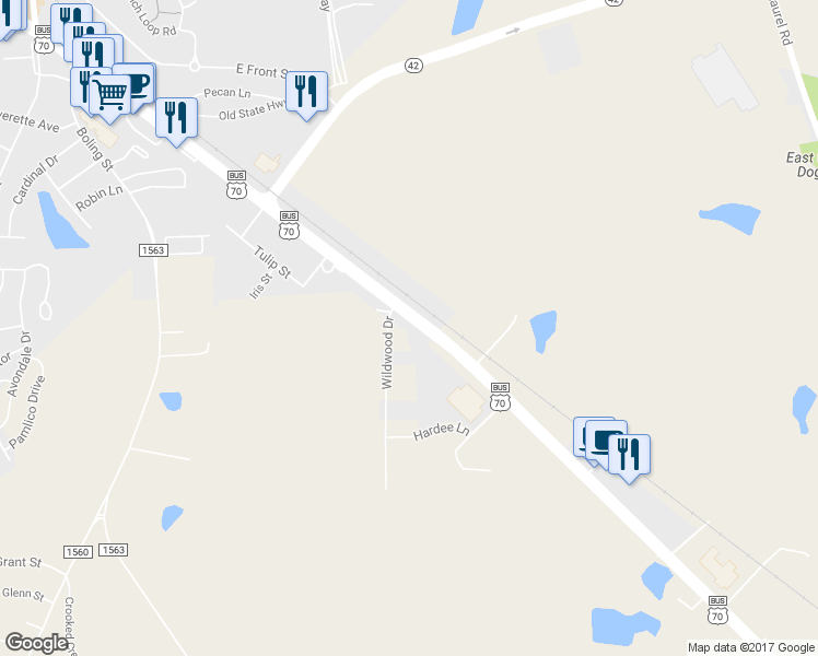 map of restaurants, bars, coffee shops, grocery stores, and more near 9451 U.S. 70 Business in Clayton