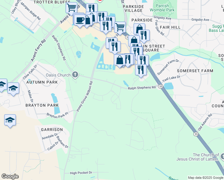 map of restaurants, bars, coffee shops, grocery stores, and more near 2000 Finley Exchange Dr in Holly Springs