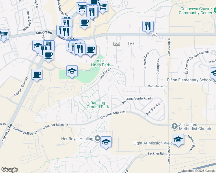 map of restaurants, bars, coffee shops, grocery stores, and more near 4121 New Moon Circle in Santa Fe
