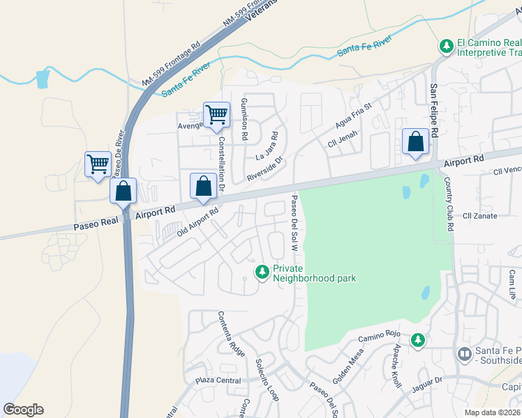 map of restaurants, bars, coffee shops, grocery stores, and more near 4042 Painted Pony Circle in Santa Fe
