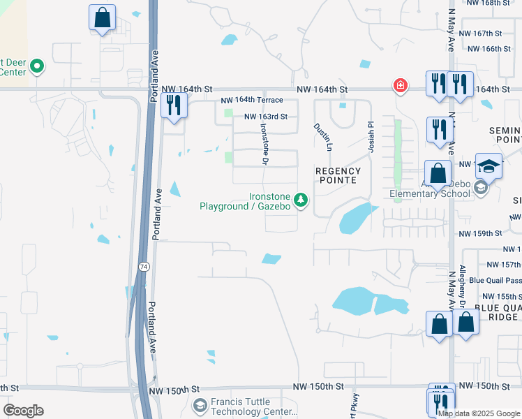 map of restaurants, bars, coffee shops, grocery stores, and more near 15905 Ironstone Drive in Edmond