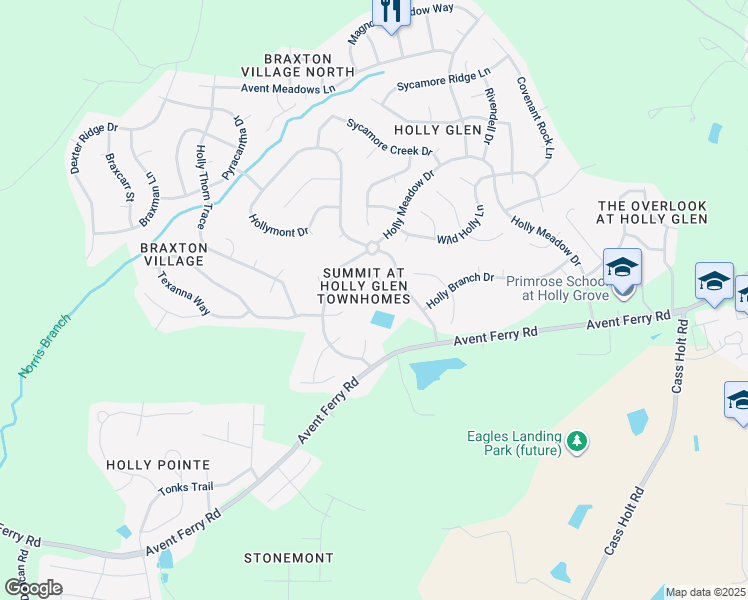 map of restaurants, bars, coffee shops, grocery stores, and more near 120 Summit Oaks Lane in Holly Springs