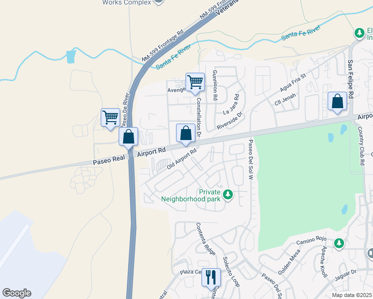 map of restaurants, bars, coffee shops, grocery stores, and more near 7510 Airport Road in Santa Fe