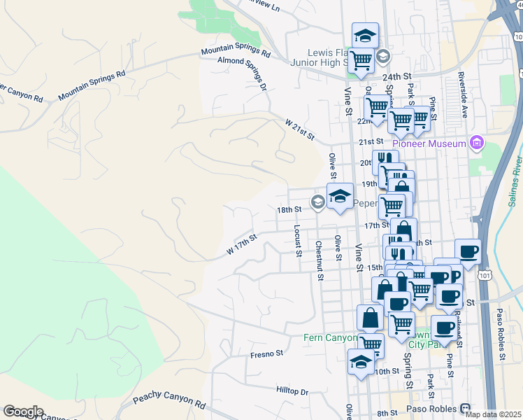map of restaurants, bars, coffee shops, grocery stores, and more near 100 Piedmont Place in Paso Robles