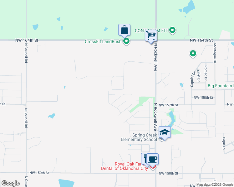 map of restaurants, bars, coffee shops, grocery stores, and more near 7400 Northwest 159th Circle in Edmond