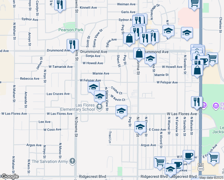 map of restaurants, bars, coffee shops, grocery stores, and more near 633 Trisha Ct in Ridgecrest