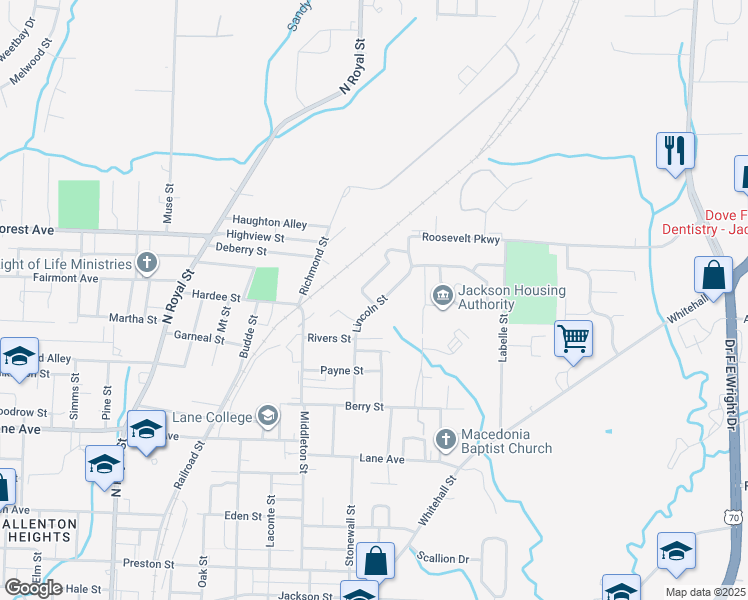 map of restaurants, bars, coffee shops, grocery stores, and more near 301 Lincoln Street in Jackson