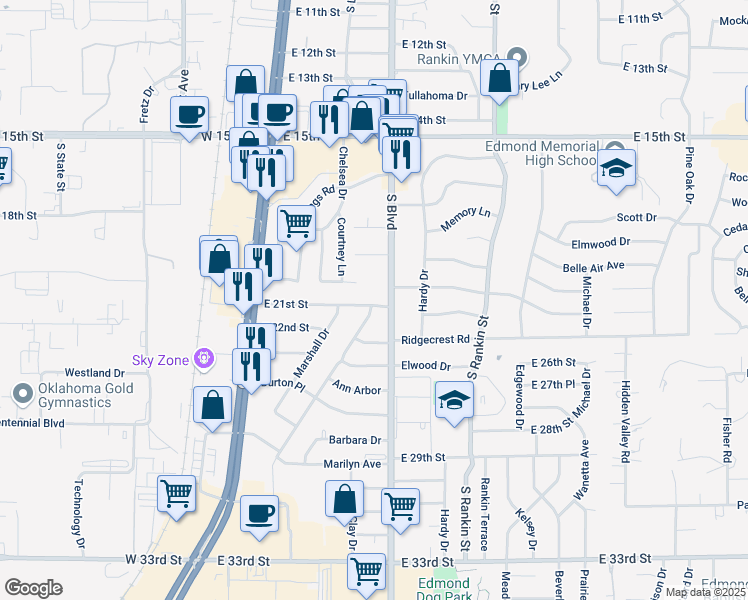 map of restaurants, bars, coffee shops, grocery stores, and more near 125 East 21st Street in Edmond