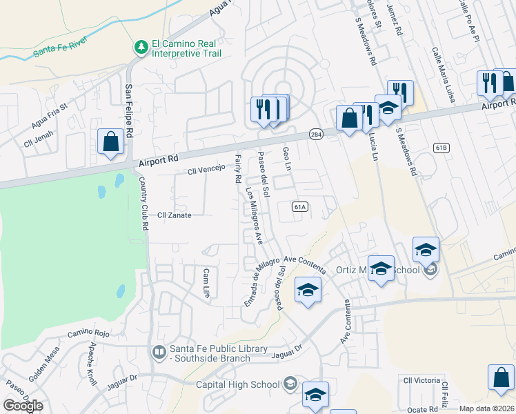 map of restaurants, bars, coffee shops, grocery stores, and more near 3981 Los Milagros in Santa Fe