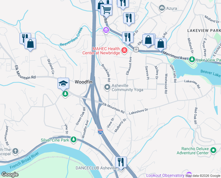 map of restaurants, bars, coffee shops, grocery stores, and more near 19 Brookdale Road in Woodfin
