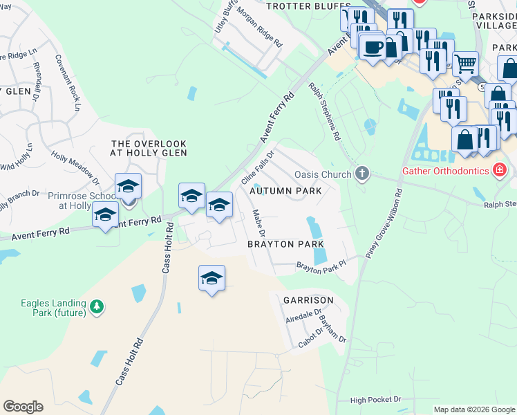 map of restaurants, bars, coffee shops, grocery stores, and more near 5141 Mabe Drive in Holly Springs