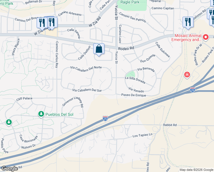 map of restaurants, bars, coffee shops, grocery stores, and more near 2707 Senda Jarosa in Santa Fe