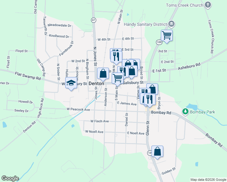 map of restaurants, bars, coffee shops, grocery stores, and more near 42 West Newsom Avenue in Denton