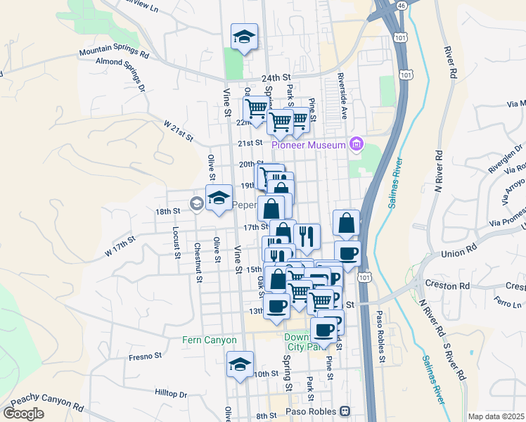 map of restaurants, bars, coffee shops, grocery stores, and more near 1744 Oak St in Paso Robles